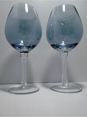 Set of Two Blue Iridescent Wine Glasses with Twisted Stems